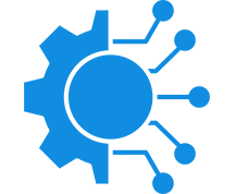 Blue gear with circuit lines on black.