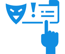 Blue icons: mask, exclamation, folder, pointing hand.