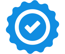 Blue badge with a black check mark.