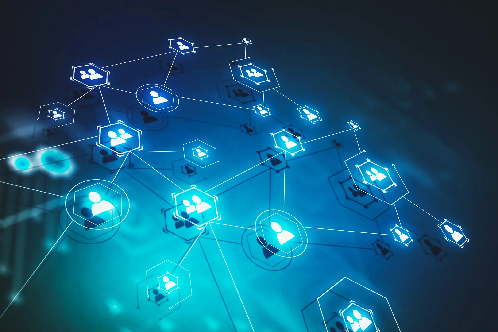 Digital network with interconnected nodes and icons.