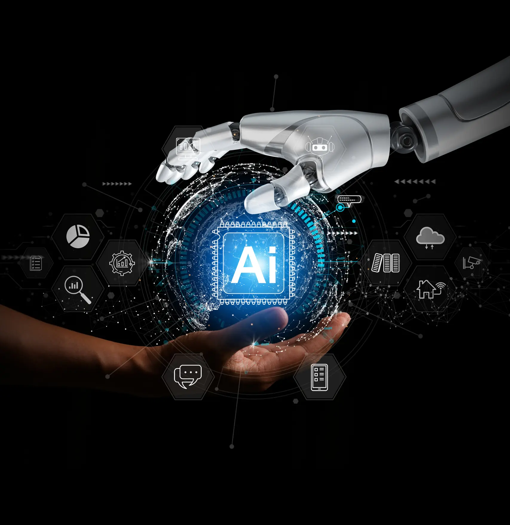 Robot and human hands with AI icon.