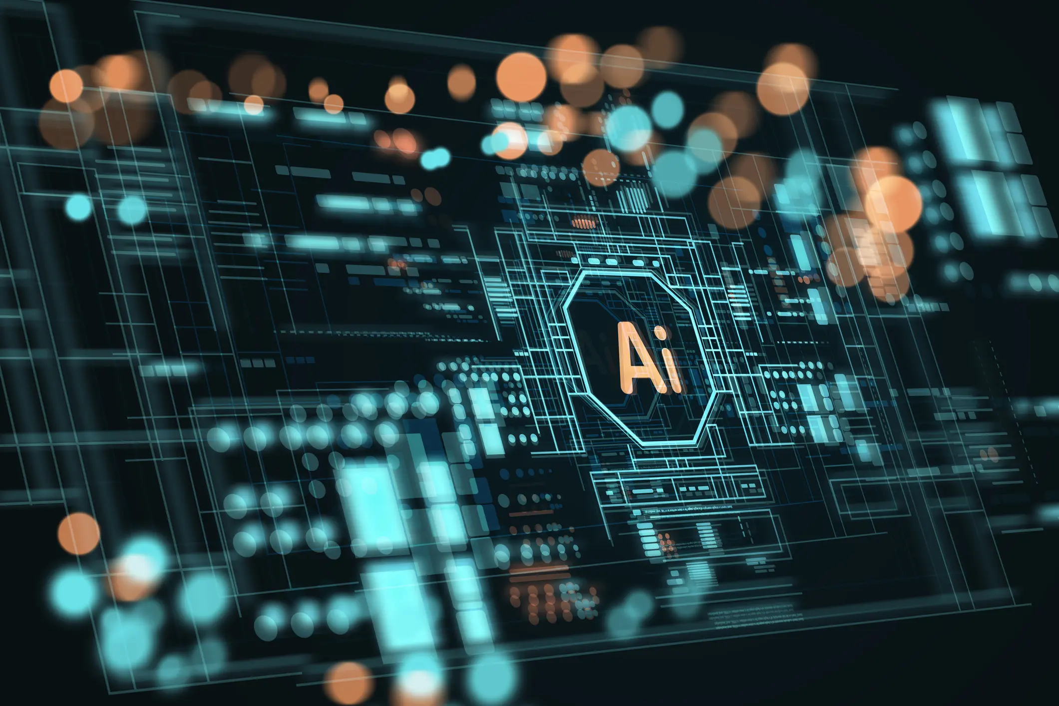 Futuristic AI digital interface with circuit design.