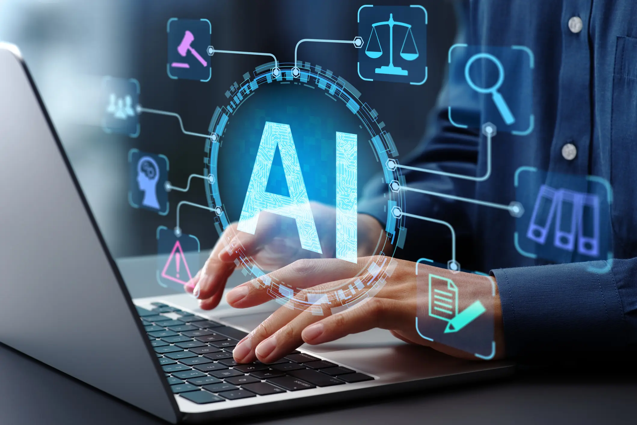 Person typing with AI technology hologram display.