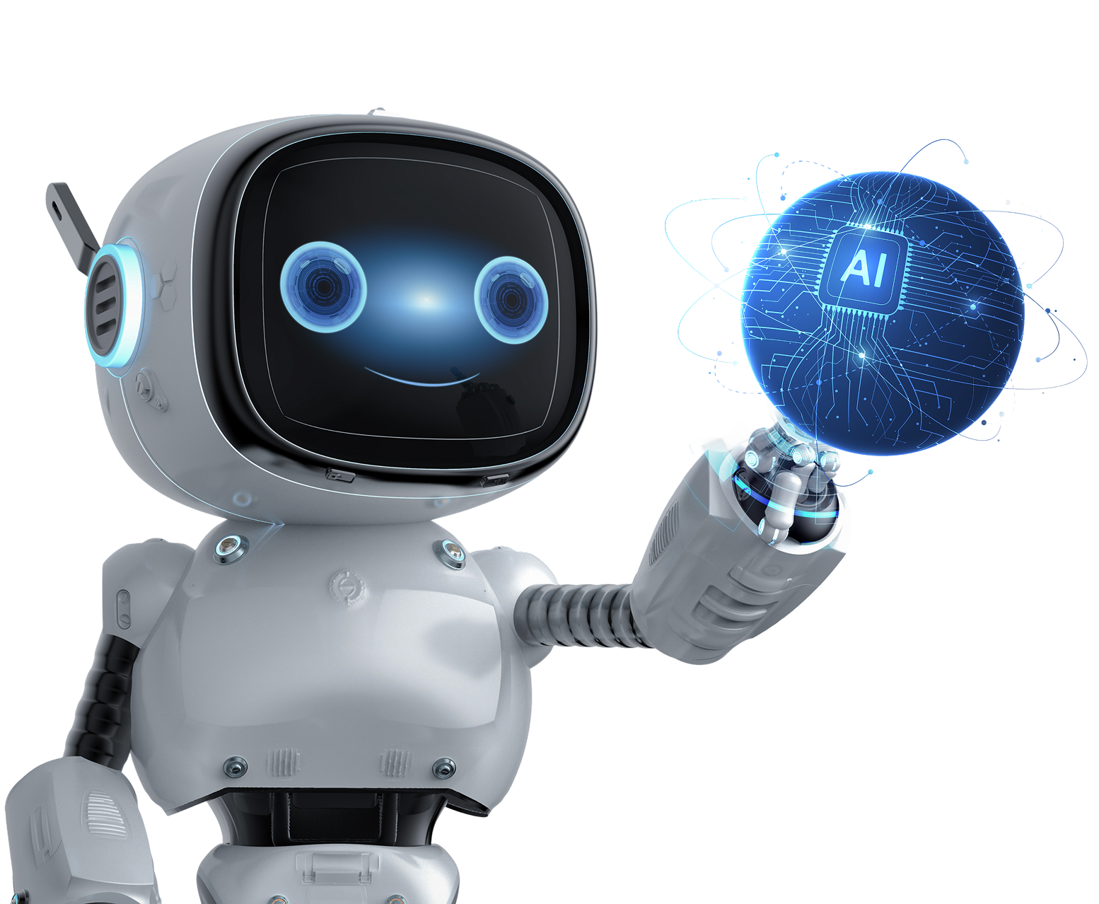 Cute robot holding glowing AI hologram.
