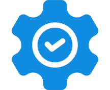 Blue gear with checkmark inside, black background.