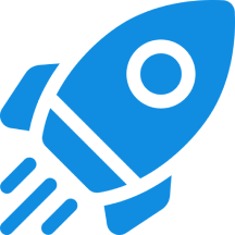 Blue rocket icon on black background.