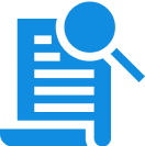 Blue document with magnifying glass icon.